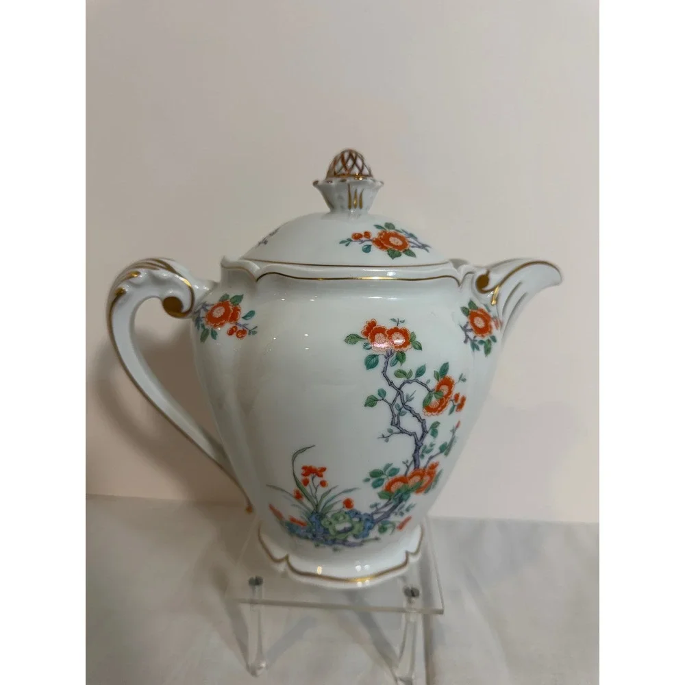 Royale Limoges France Orange-Tree Porcelain Teapot Towle Floral Gold Trim 8in